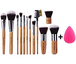 EmaxDesign 12+1 Pieces Makeup Brush Set, 12 Pieces Professional Bamboo Handle Foundation Blending Blush Eye Face Liquid Powder Cream Cosmetics Brushes & 1 Piece Rose Red Beauty Sponge Blender