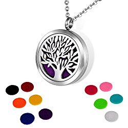 HOUSWEETY Aromatherapy Essential Oil Diffuser Necklace-Stainless Steel Tree of Life Locket Pendant,11 Refill Pads (Non-engraving)