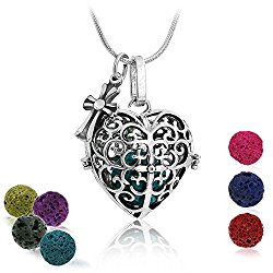 Premium Heart Aromatherapy Essential Oil Diffuser Necklace Locket Pendant and 7 Colours Lava Stone Beads with Adjustable 24″ Chain Perfect Gift Set