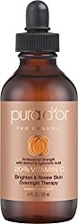 PURA D’OR 20% Vitamin C Serum Professional Strength Overnight Therapy, 4 Fluid Ounce