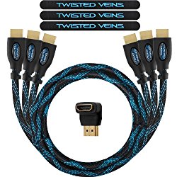 Twisted Veins Three (3) Pack of (3 ft) High Speed HDMI Cables + Right Angle Adapter and Velcro Cable Ties (Latest Version Supports Ethernet, 3D, and Audio Return)