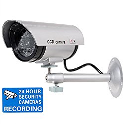 WALI Bullet Dummy Fake Surveillance Security CCTV Dome Camera Indoor Outdoor with Record LED Light + Warning Security Alert Sticker Decals WL-TC-S1