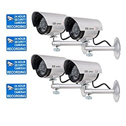 WALI Bullet Dummy Fake Surveillance Security CCTV Dome Camera Indoor Outdoor with Record LED Light + Warning Security Alert Sticker Decals WL-TC-S4, 4 Pack