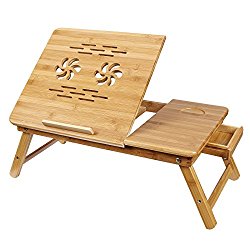 SONGMICS Bamboo Adjustable Laptop Desk Breakfast Serving Bed Tray w’ Tilting Top Drawer ULLD001