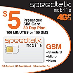 SpeedTalk Mobile $5 Prepaid Service 100 minutes Voice Calls or 100 Text Messages