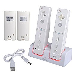 Insten Dual Charging Station w/ 2 Rechargeable Batteries & LED Light for Wii / Wii U Remote Control, White – (Original Wii Controllers Not Included) Retail Packaging