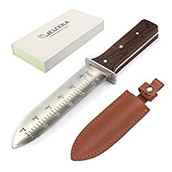 Hori Hori Garden Knife, Ideal Gardening Digging Landscaping Weeding Tool, Stainless Steel Blade with Protective Handguard and Full Tang Handle, with Leather Sheath and a Fine Gift Box