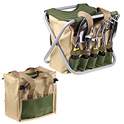 ISWEES 7 Piece Garden Tools Set with 5 Ergonomic Gardening Steel Tools, Includes Cultivator, Trowel, Weeder, Weeding fork, Transplanter, Garden Tote Bag and Heavy Duty Folding Stool