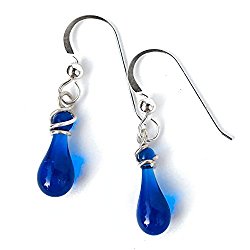 Dainty Drop Earrings by Sundrop Jewelry, handmade from upcycled bottles. Sun-melted glass teardrop earrings with recycled sterling silver.