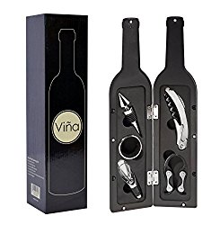 Vina 5 Pcs/set Deluxe Wine Accessory Gift Set – Wine Bottle Opener Stopper Drip Ring Foil Cutter and Wine Pourer, Novelty Bottle-Shaped Gift for Wedding Birthday Anniversary Black