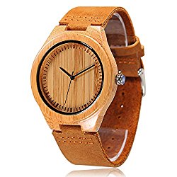 CUCOL Men’s Bamboo Wooden Watch with Brown Cowhide Leather Strap Japanese Quartz Movement Casual Watches