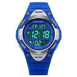 Kids Outdoor Sports Children’s Waterproof Wrist Dress Watch With LED Digital Alarm Stopwatch Lightweight Silicone for Boy Girl – Blue