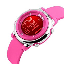 Kids Silicone Outdoor Sport Unusual Digital Electrical Colorful Luminescent Waterproof Children Dress Wrist Watch with Alarm and Stopwatch for Girls – Pink