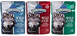 Blue Buffalo Wilderness Grain Free Trail Toppers Wild Cuts Natural Food For Dogs 3 Flavor Variety 6 Pouch Bundle: (2) Blue Wild Cuts Trail Toppers Chunky Duck Bites In Hearty Gravy, (2) Blue Wild Cuts Trail Toppers Chunky Salmon Bites In Hearty Gravy, and (2) Blue Wild Cuts Trail Toppers Chunky Chicken Bites In Hearty Gravy, 3 Oz. Ea. (6 Pouches Total)