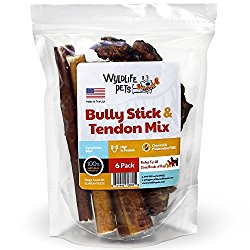 Wyldlife Pets Bully Sticks & Beef Tendons for Dogs Combo Pack, 100% Natural and Free Range (6-Pack)
