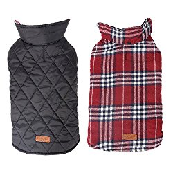 Reversible British Style Grid Dog Jacket,GOPAW,Water Repellent Quilted Winter Clothes for Pet,Red S