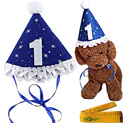 Blue Pet Dog Cat Birthday Holiday Party Hat Headwear Costume Accessory with a White Ball and Lace for Small Medium Dogs Cats Pets (1-1st year)