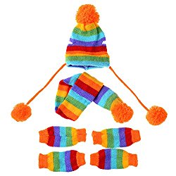 JJ Store Puppy Pet Dog Cat Winter Striped Hat Knitted Cap Socks Scarf Leg Warmers Rainbow Pink