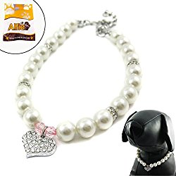 Alfie Couture Designer Pet Jewelry – Pinky Crystal Heart Pearl Necklace – Size: S (8″- 10″) for Dogs and Cats