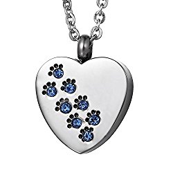 COCO Park Blue Diamond Dog Paw Love Heart Pet Keepsake Jewelry Cremation Necklace Memorial Ashes Pendant