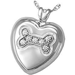 Memorial Gallery Pets 3177s Dog Bone Heart with Stones Sterling Silver Cremation Pet Jewelry