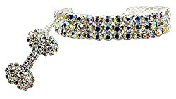 PETFAVORITES™ Couture Designer Fancy 3 Rows Rhinestones Pet Cat Dog Necklace Collar Jewelry with Bling Crystal Bone Charm Pendant for Pets Cats Small Dogs Female Puppy Chihuahua Yorkie Girl Costume Outfits, Adjustable and Handmade (Clear, Neck Size: 8″-10″)