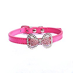 PETFAVORITES™ Couture Designer Fancy Cute Feather Bling Rhinestone Bow Tie Pet Cat Dog Collar Necklace Jewelry For Small or Medium Dogs Cats Pets Female Puppies Chihuahua Yorkie Girl Costume Outfits, Light and Adjustble Buckle. (Neck Size: 8.7″ – 10.7″, Hot Pink)