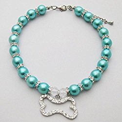 PETFAVORITES™ Couture Designer Fancy Engraved Crystal Bone Pet Cat Dog Necklace Collar Jewelry with Bling Pearls Rhinestones Charm Pendant for Pets Cats Small Dogs Female Puppy Chihuahua Yorkie Girl Costume Outfits, Adjustable and Handmade (Blue, Neck Size: 8″-10″)