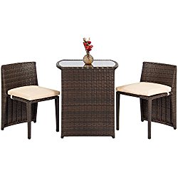 Best Choice Products Outdoor Patio Furniture Wicker 3pc Bistro Set W/ Glass Top Table, 2 Chairs- Brown