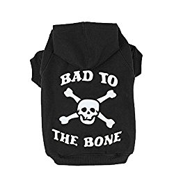 Black XS BAD TO THE BONE Printed Skull Cat Fleece Sweatershirt Dog Hoodies