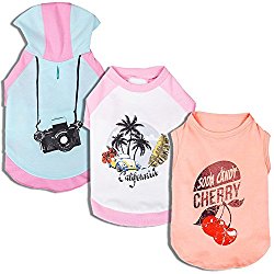 Blueberry Pet Pack of 3 Clothes for Dogs, Back Length 10″, Dog T Shirt Hoodie with Camera Cherry and Chill Summer California Pattern