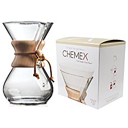 Chemex Classic Wood Collar and Tie Glass 6-Cup Coffee Maker with 100 Count Bonded Circle Coffee Filters