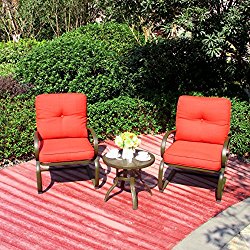 Cloud Mountain 3 PC Patio Bistro Set Outdoor Cafe Furniture Seat, Wrought Iron Frame Round Table, 2 Chairs, Garden Set with Cushioned Seats, Brick Red