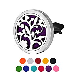 HOUSWEETY Car Air Freshener Aromatherapy Essential Oil Diffuser – Tree of Life Stainless Steel Locket,11 Refill Pads