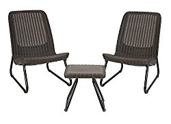 Keter Rio 3 Pc All Weather Outdoor Patio Garden Conversation Chair & Table Set Furniture, Brown