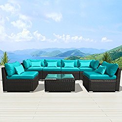 Modenzi 7G-U Outdoor Sectional Patio Furniture Espresso Brown Wicker Sofa Set (Turquoise)