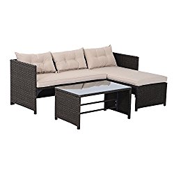 Outsunny 3-Piece Outdoor Rattan Wicker Sofa and Chaise Lounge Set – Brown and Tan