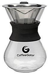 Pour Over Coffee Maker For Perfect Hand Drip Coffee. 1-2 Cup 10z Carafe by Coffee Gator with Permanent Stainless Steel Filter – Never buy another paper filter again
