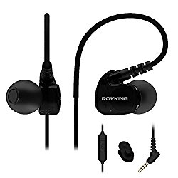 Rovking Sweatproof Sport Workout Headphones In Ear Bass Exercise Earpods with Remote and Mic Noise Sound Isolating Sports Earbuds for Running Gym Jogging Earphones for iPod iPhone Samsung HTC Black