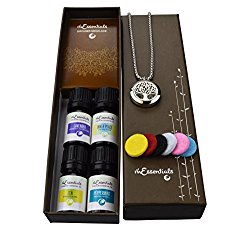 Tree Of Life Essential Oil Diffuser Necklace Stainless Steel Locket Pendant with 20″ Chain+ 4 Essential Oils (Lavender Peppermint Inner Peace Zen) Gift Set