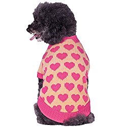 Blueberry Pet Cutie V-neck Dog Sweater in Shrimp Color with Valentine Pink Hearts, Back Length 14″, Pack of 1 Clothes for Dogs
