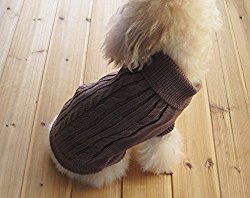 FAMI Cute Pet Clothes, European Classical Pet Sweater, Turtleneck Dog Sweater with Classic Aran Knit (Brown – Small)