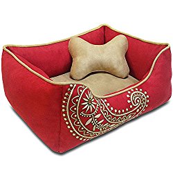 Blueberry Pet Heavy Duty Microsuede Overstuffed Dog Bed, Recyclable & Removable Stuffing w/YKK Zippers, 25″ x 21″ x 10″, 6 Lbs, Easter Spring Tango Red Embroidered Paisley Beds for Cats & Dogs