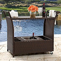 Best Choice Products Outdoor Patio Wicker Serving Bar Cart W/ Ice Bucket, Wine Rack- Brown