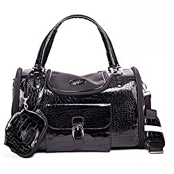 BETOP HOUSE Black Fashion Dog Carrier PU Leather Dog Handbag Dog Purse Cat Tote Bag Pet Cat Dog Hiking Bag, Small 13.4″x8.7″x7.9″