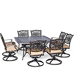 Hanover Traditions 9 Piece Square Dining Set with Swivel Dining Chairs and a Large Dining Table, 60 x 60″