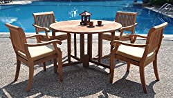 New 5 Pc Luxurious Grade-A Teak Dining Set: 48″ Round Butterfly Table and 4 Arbor Arm Stacking Chairs