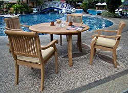New 5 Pc Luxurious Grade-A Teak Dining Set – 52″ Round Table and 4 Stacking Arbor Arm Chairs #WHDSAB5