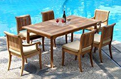 New 7 Pc Luxurious Grade-A Teak Dining Set – 94″ Double Extension Rectangle Table & 6 Giva Chairs (4 Armless & 2 Arm / Captain)
