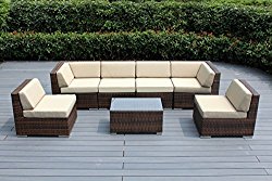 Ohana 7-Piece Outdoor Mixed Brown Wicker Patio Furniture Sectional Conversation Set with Free Protective Cover, Sunbrella Antique Beige